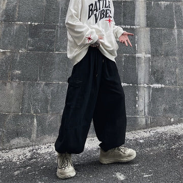Aidase  Big Pocket Cargo Pants Men's Casual Solid Color Straight Pants Baggy Wide-leg Ankle-length Pants Men Elastic Waist  cargo Pants aidase-shop